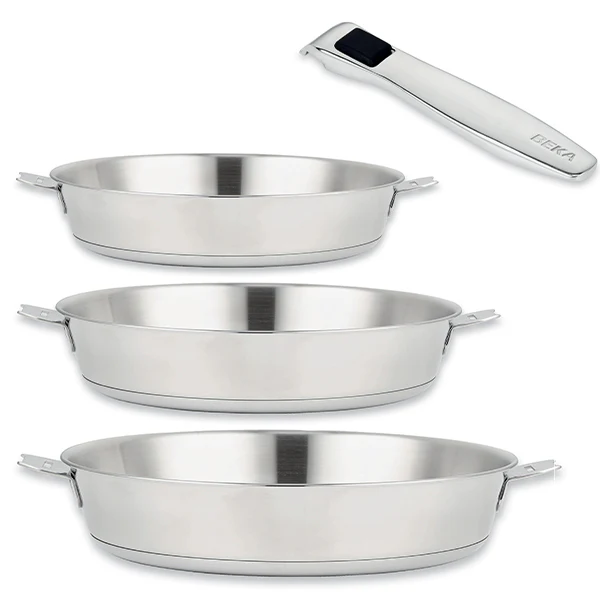Lot de 3 poêles inox Evolution 20, 24, 28 cm et 1 manche amovible  Beka