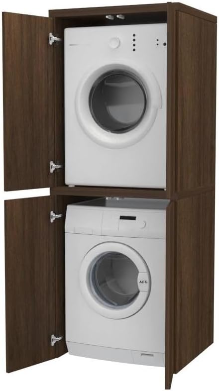 VE.CA Meuble lave-linge, sèche-linge, meuble buanderie avec portes, couleur chêne vintage, en bois, rectangulaire, colonne lave-linge et sèche-linge, fabriqué en Italie