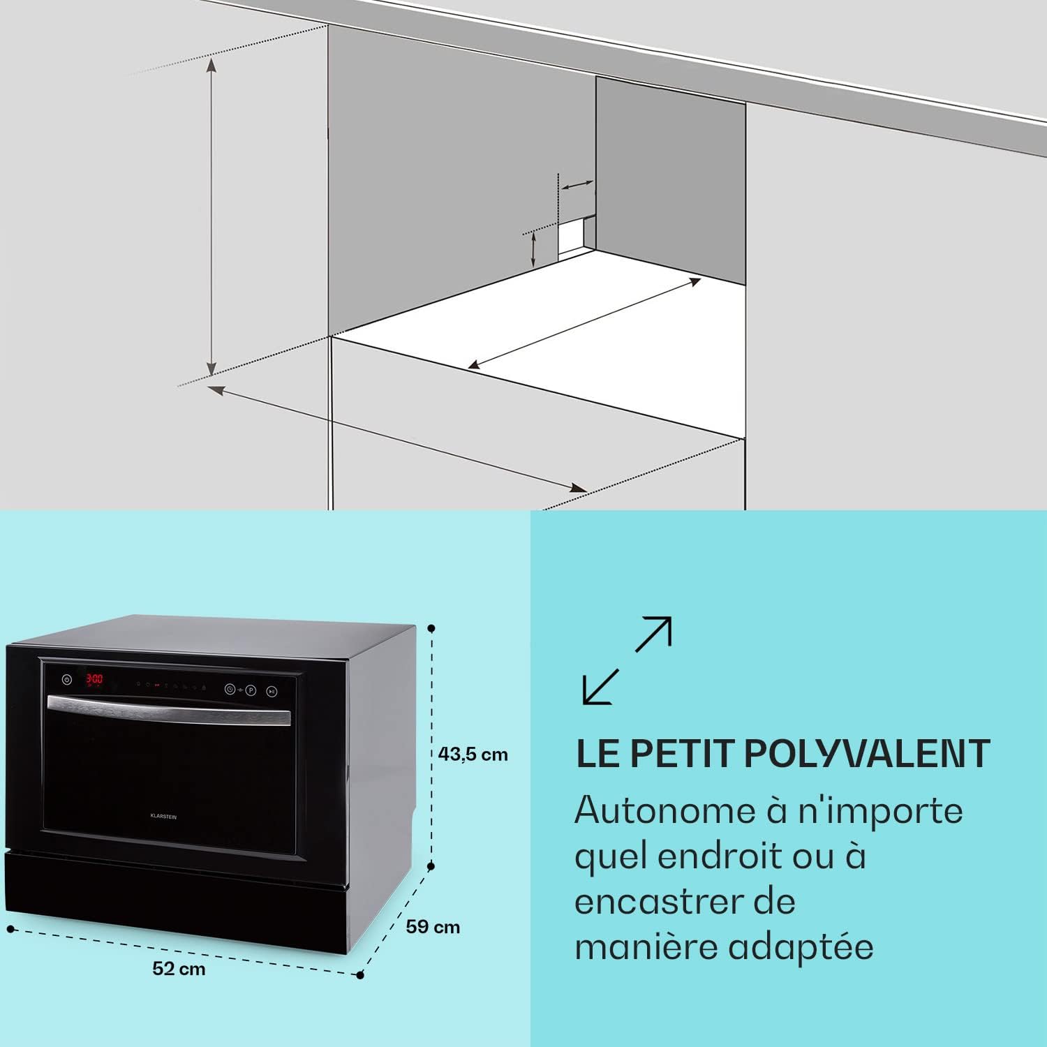 Klarstein Mini Lave Vaisselle de Table de 8 Couvert, Silencieux, 6 Programmes de Lavage, Portable, Facile à Installer pour la Maison et Bureau