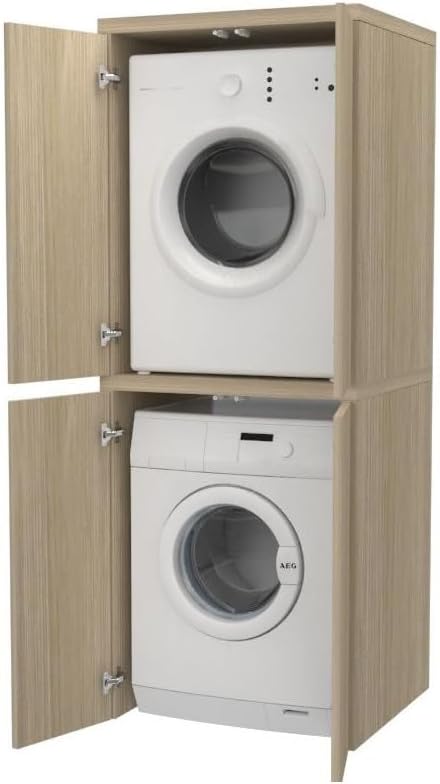 VE.CA Meuble lave-linge, sèche-linge, meuble buanderie avec portes, couleur chêne vintage, en bois, rectangulaire, colonne lave-linge et sèche-linge, fabriqué en Italie