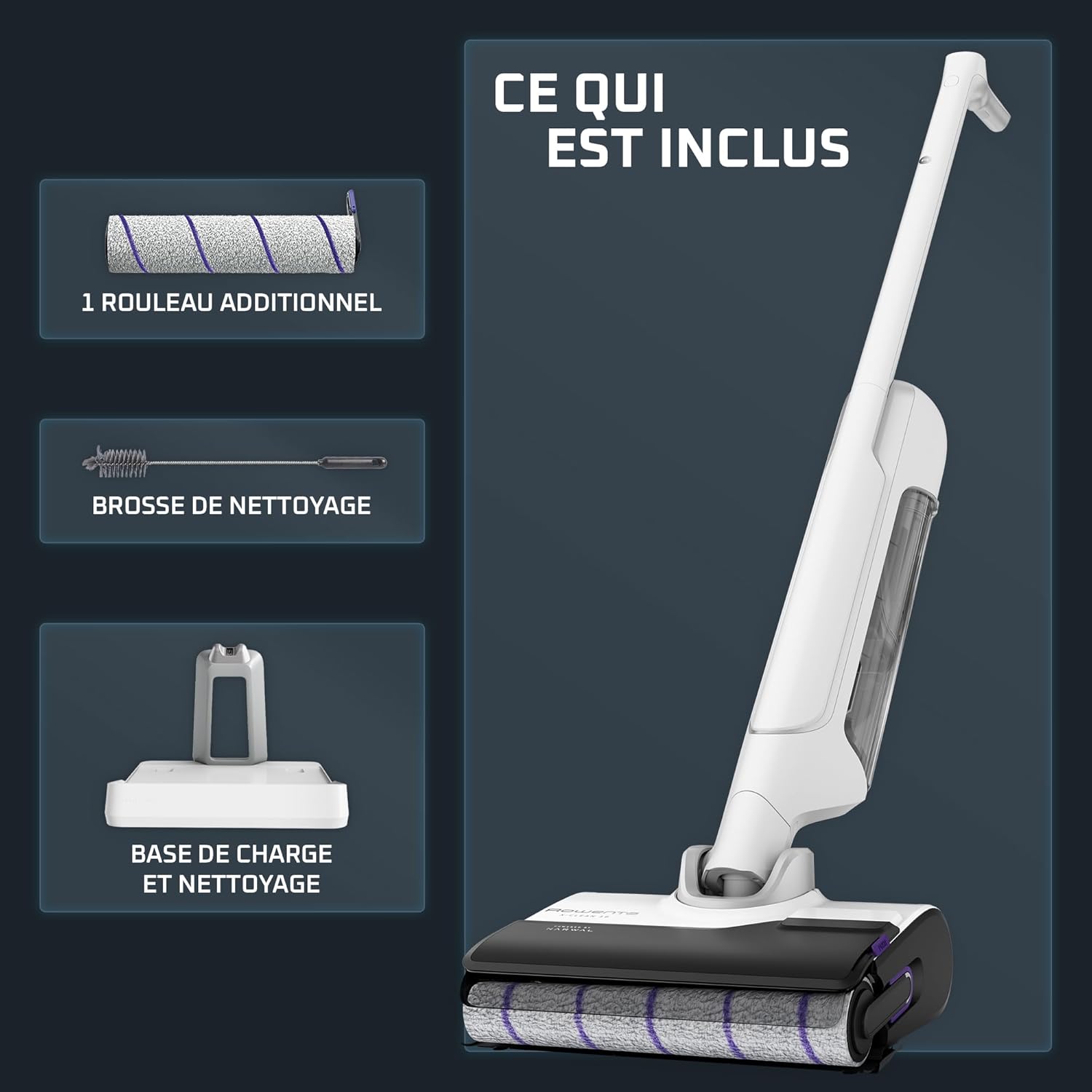 Rowenta X-Clean 10, Aspirateur Laveur sans fil, Design Plat 180°, Auto-Nettoyage et séchage 65°C, Autonomie 60min, Parfait pour Tâches Tenaces et Poils d’Animaux GZ7540WO, Blanc