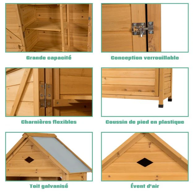 Abri de jardin extérieur à 5 etagères cabane verrouillable en bois de sapin toit en tle galvanisée  20_0005485
