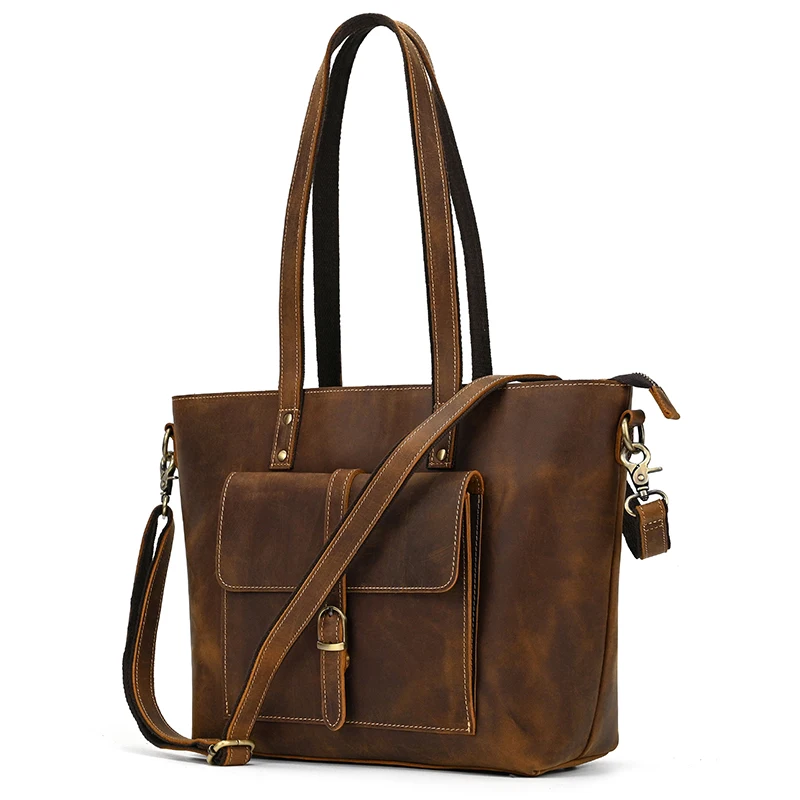 Luufan Genuine Leather Women��s Tote Big Capacity Daily Business Handbag 14 inch PC Bag Female Large Travel Shoulder Message Bag