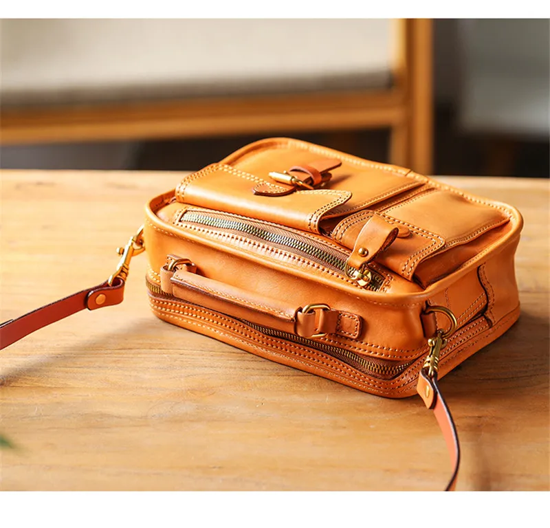 Fashion vintage natural genuine leather ladies small multi-pocket handbag organizer designer luxury real cowhide shoulder bag