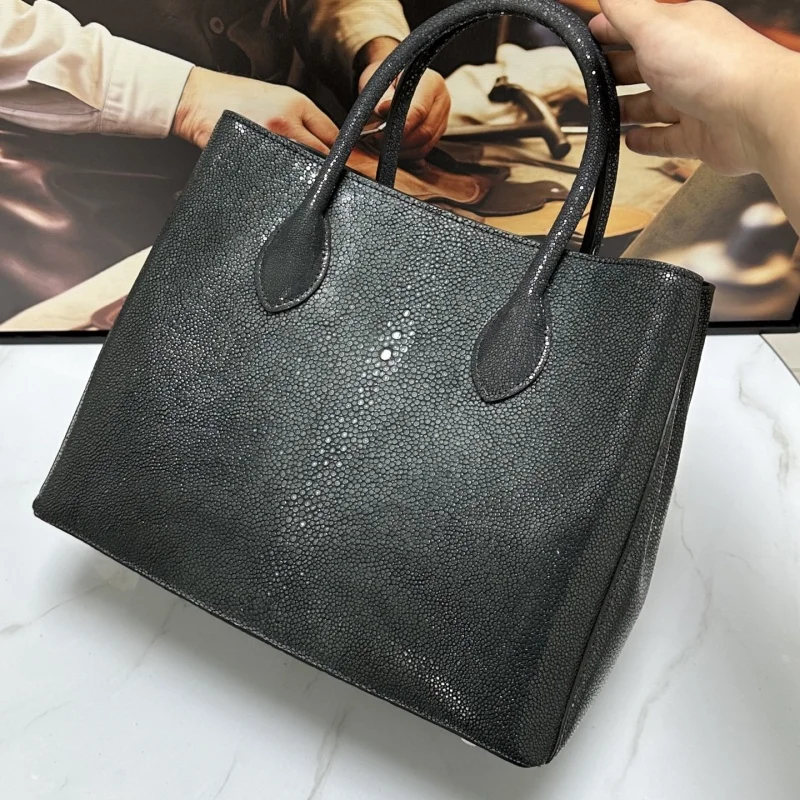 Authentic Real Stingray Skin OL Lady Classic Black Working Purse Genuine Exotic Leather Women Single Shoulder Bag Female Handbag