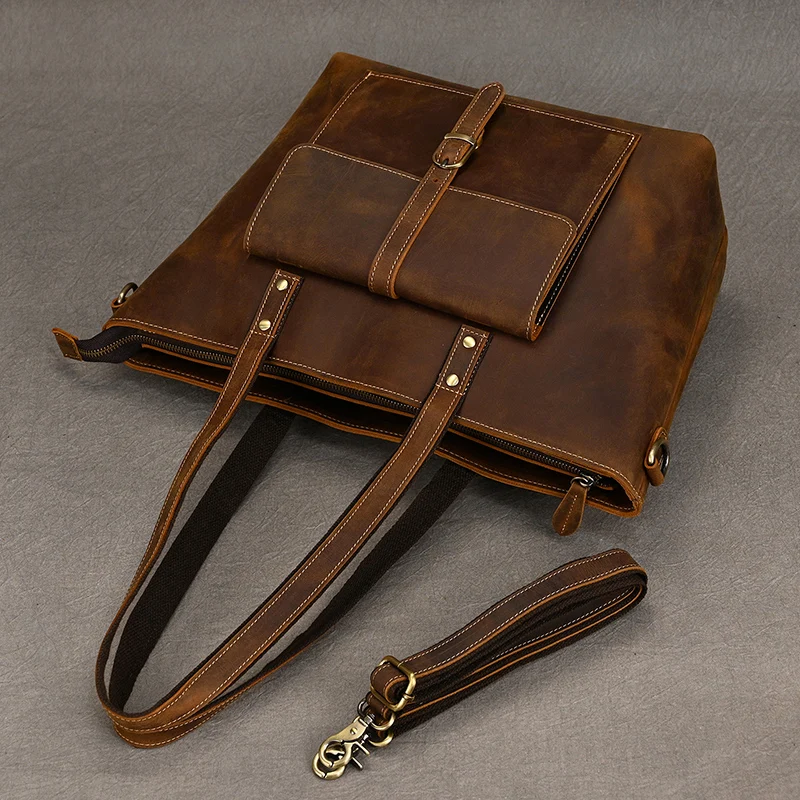 Luufan Genuine Leather Women��s Tote Big Capacity Daily Business Handbag 14 inch PC Bag Female Large Travel Shoulder Message Bag