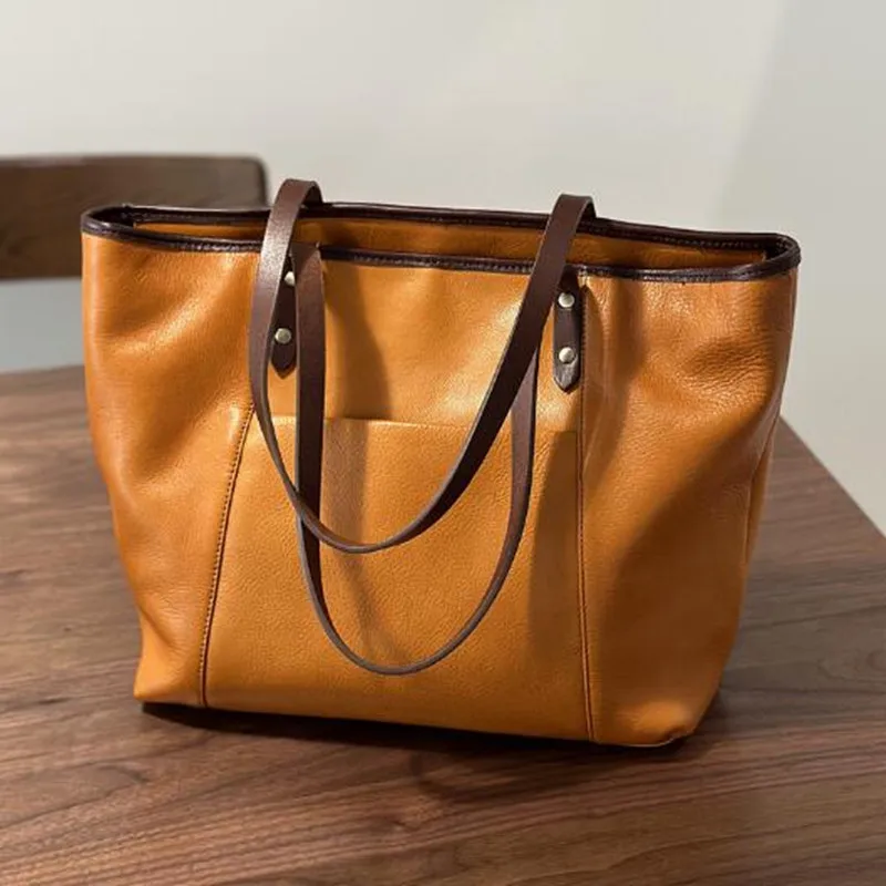 Shoulder big bag Shopping bag head layer cowhide bag 2024 Fall/winter leather women's bag Weekend trip shopping bag cowhide