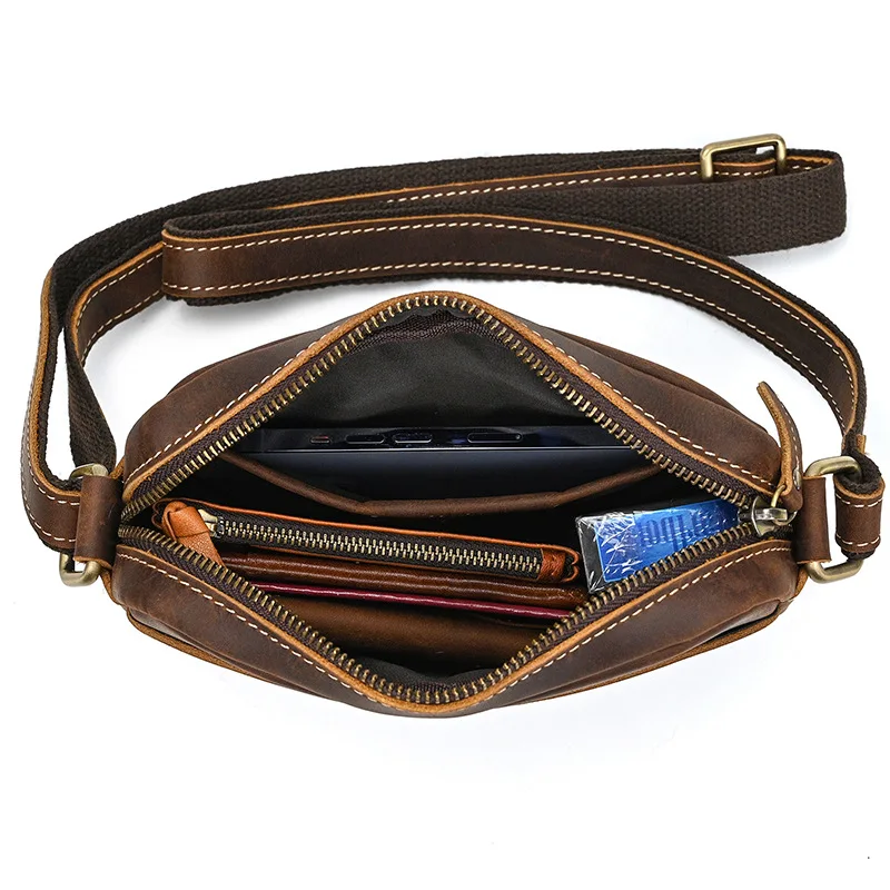 Men's Crazy Horse Leather One Shoulder Genuine Leather Retro Crossbody Bag First Layer Cowhide Casual Portable Small Bag Stylish