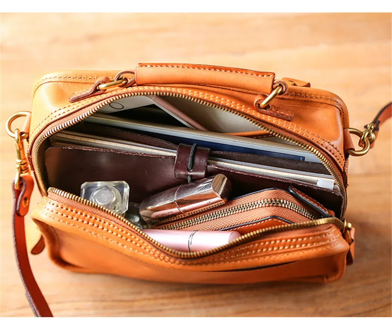 Fashion vintage natural genuine leather ladies small multi-pocket handbag organizer designer luxury real cowhide shoulder bag