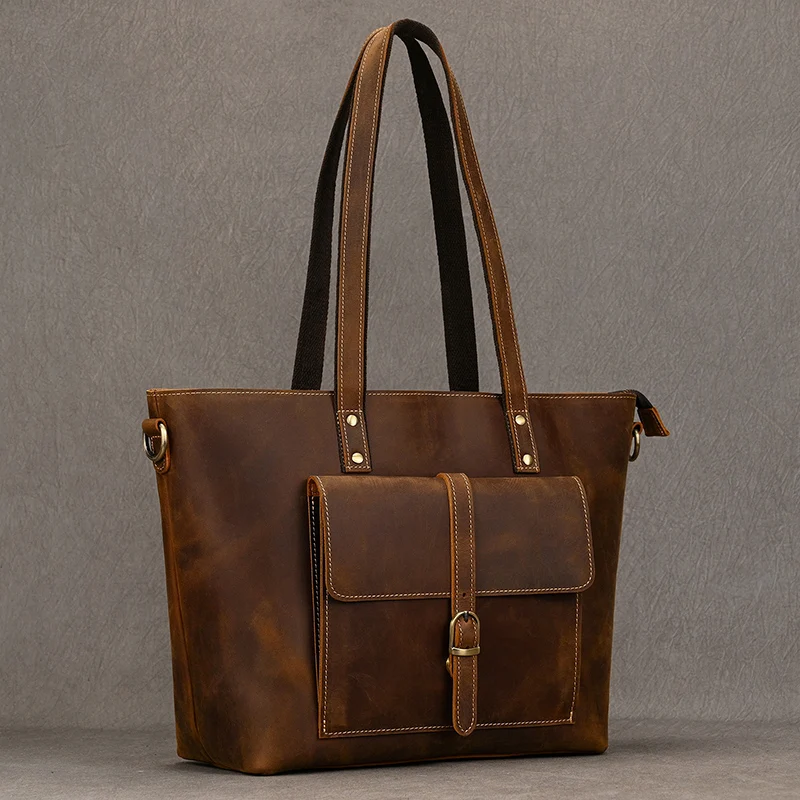 Luufan Genuine Leather Women��s Tote Big Capacity Daily Business Handbag 14 inch PC Bag Female Large Travel Shoulder Message Bag