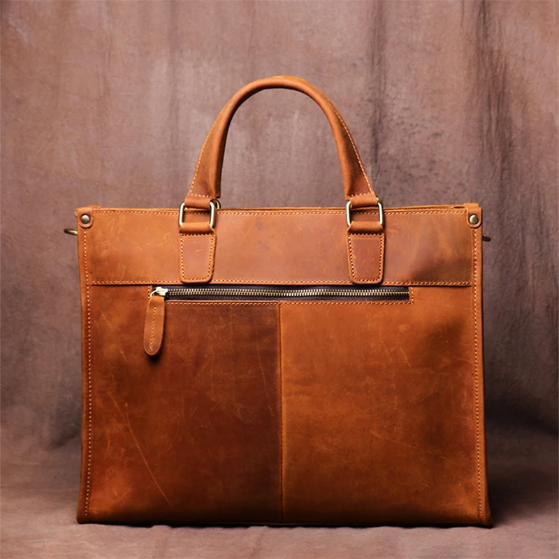ZRCX Vintage Man Handbag Briefcase Men Shoulder Crazy Horse Genuine Leather Bags Brown Business Fashion 16 Inch Laptop Bag