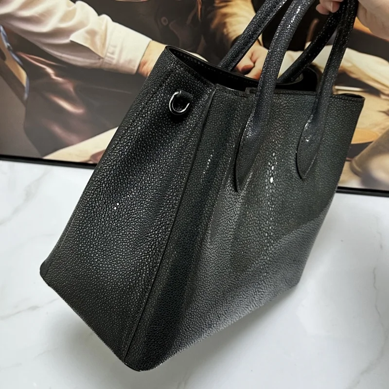 Authentic Real Stingray Skin OL Lady Classic Black Working Purse Genuine Exotic Leather Women Single Shoulder Bag Female Handbag
