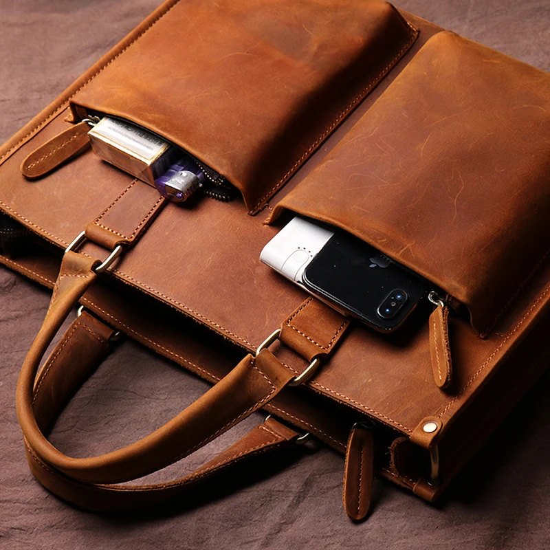 ZRCX Vintage Man Handbag Briefcase Men Shoulder Crazy Horse Genuine Leather Bags Brown Business Fashion 16 Inch Laptop Bag