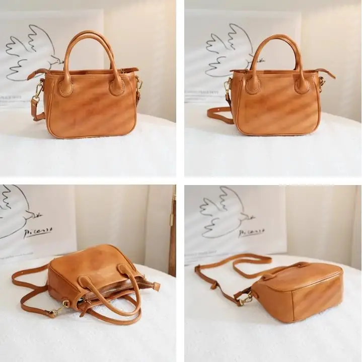 Genuine Leather Women Handbags Brown Small Square Crossbody Bag Female Portable Shoulder Plant Tanned Top Layer Cowhide Bags