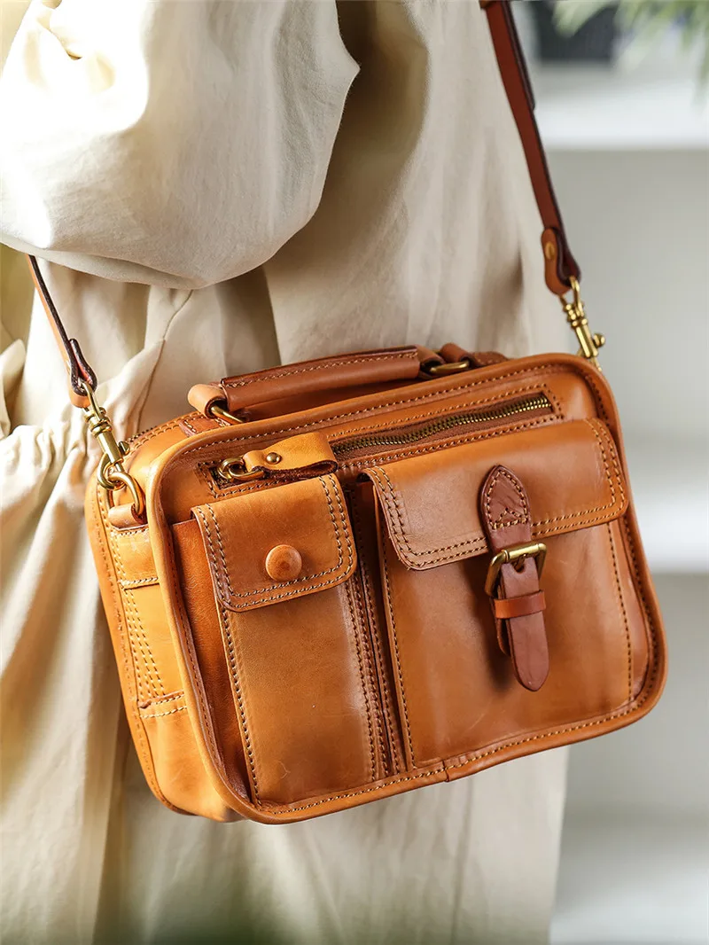 Fashion vintage natural genuine leather ladies small multi-pocket handbag organizer designer luxury real cowhide shoulder bag