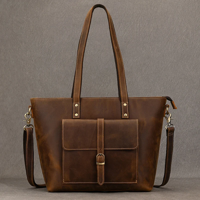 Luufan Genuine Leather Women��s Tote Big Capacity Daily Business Handbag 14 inch PC Bag Female Large Travel Shoulder Message Bag