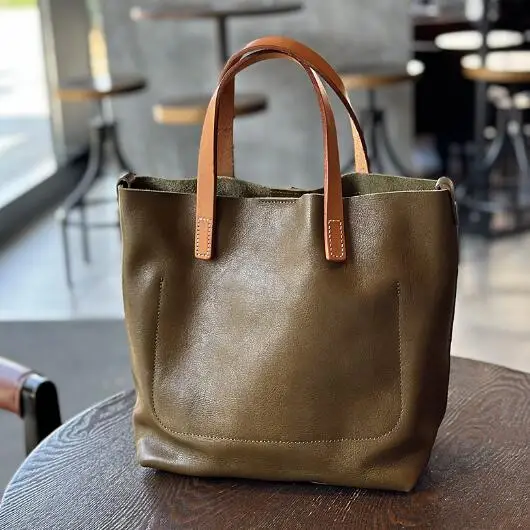 Avocado green Japanese vintage cowhide handbag Female fashion trend temperament commuter bag leather shoulder crossbody bag