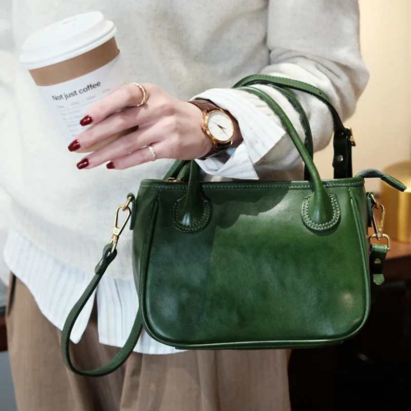 Genuine Leather Women Handbags Brown Small Square Crossbody Bag Female Portable Shoulder Plant Tanned Top Layer Cowhide Bags