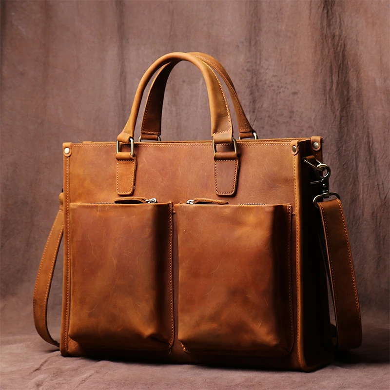 ZRCX Vintage Man Handbag Briefcase Men Shoulder Crazy Horse Genuine Leather Bags Brown Business Fashion 16 Inch Laptop Bag