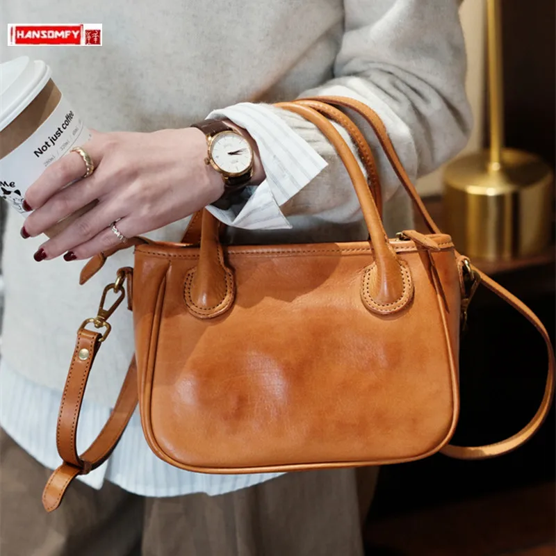 Genuine Leather Women Handbags Brown Small Square Crossbody Bag Female Portable Shoulder Plant Tanned Top Layer Cowhide Bags