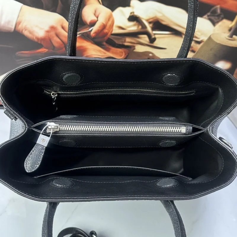 Authentic Real Stingray Skin OL Lady Classic Black Working Purse Genuine Exotic Leather Women Single Shoulder Bag Female Handbag