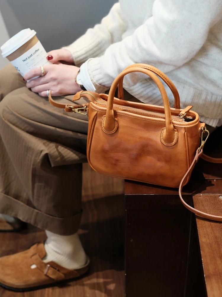 Genuine Leather Women Handbags Brown Small Square Crossbody Bag Female Portable Shoulder Plant Tanned Top Layer Cowhide Bags