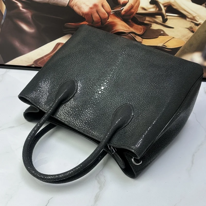 Authentic Real Stingray Skin OL Lady Classic Black Working Purse Genuine Exotic Leather Women Single Shoulder Bag Female Handbag