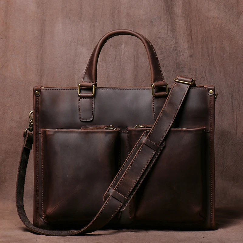 ZRCX Vintage Man Handbag Briefcase Men Shoulder Crazy Horse Genuine Leather Bags Brown Business Fashion 16 Inch Laptop Bag