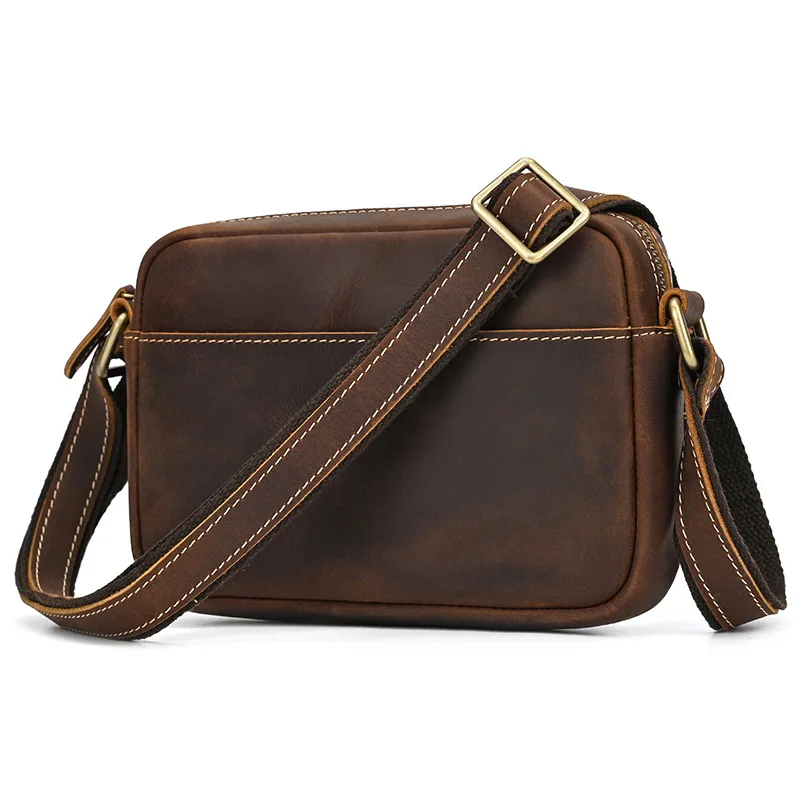 Men's Crazy Horse Leather One Shoulder Genuine Leather Retro Crossbody Bag First Layer Cowhide Casual Portable Small Bag Stylish
