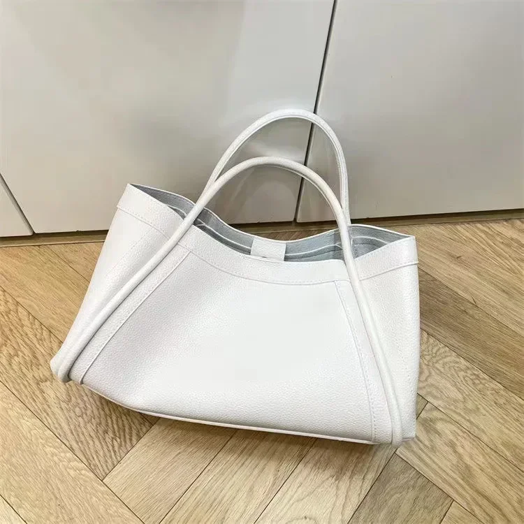 Simple Solid Soft PU Leather Large Capacity Woman Portable Basket Travel Tote Wide Shoulder Strap Crossbody Bags Matching Purse
