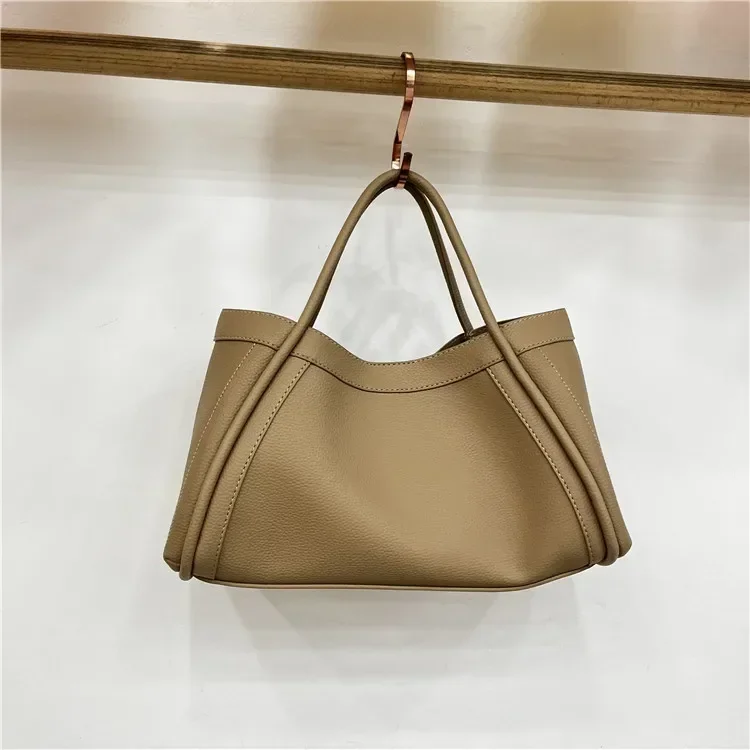 Simple Solid Soft PU Leather Large Capacity Woman Portable Basket Travel Tote Wide Shoulder Strap Crossbody Bags Matching Purse