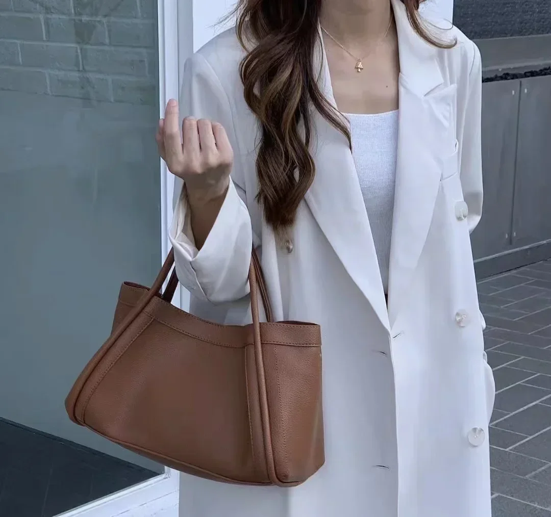 Simple Solid Soft PU Leather Large Capacity Woman Portable Basket Travel Tote Wide Shoulder Strap Crossbody Bags Matching Purse