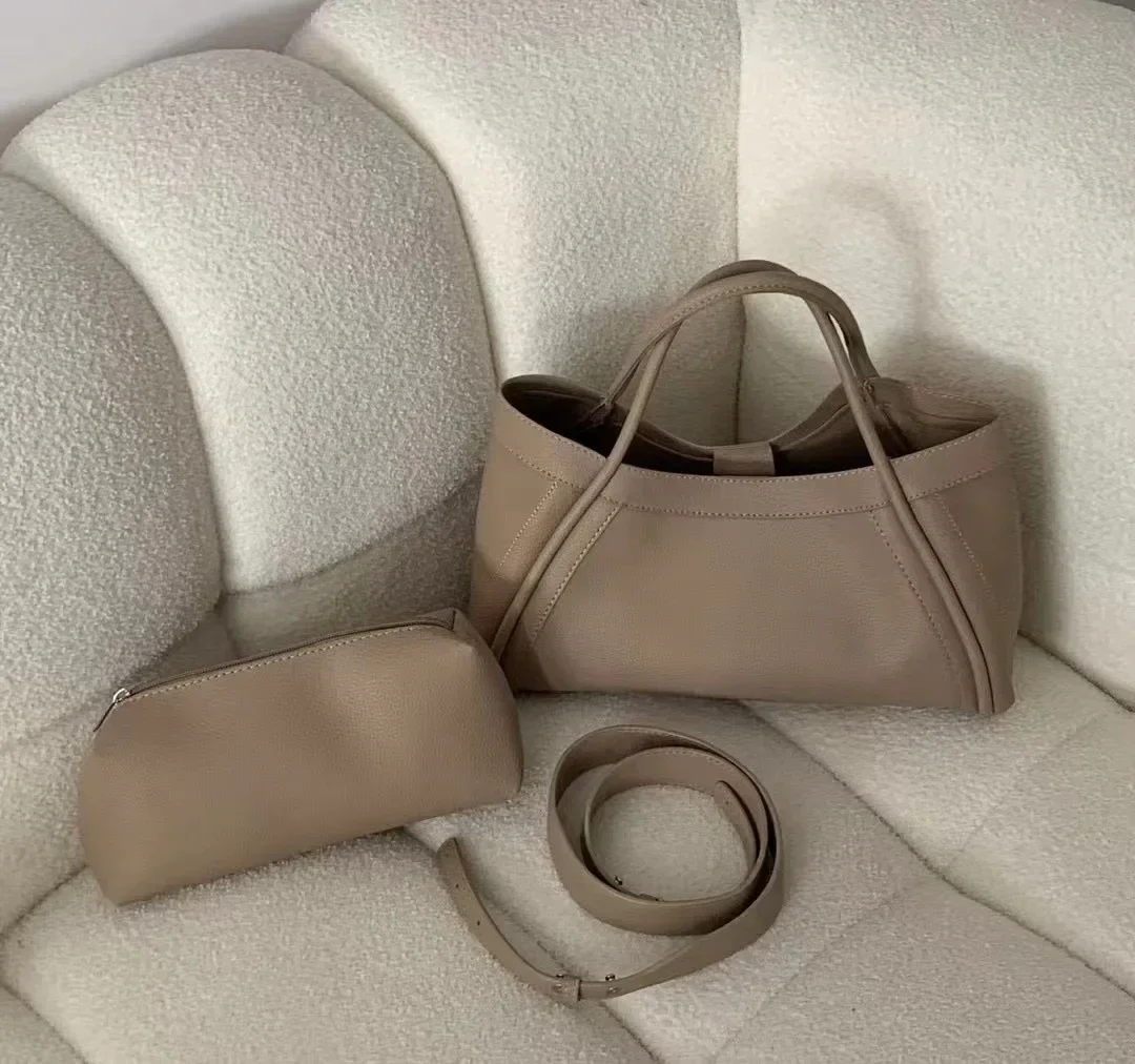 Simple Solid Soft PU Leather Large Capacity Woman Portable Basket Travel Tote Wide Shoulder Strap Crossbody Bags Matching Purse