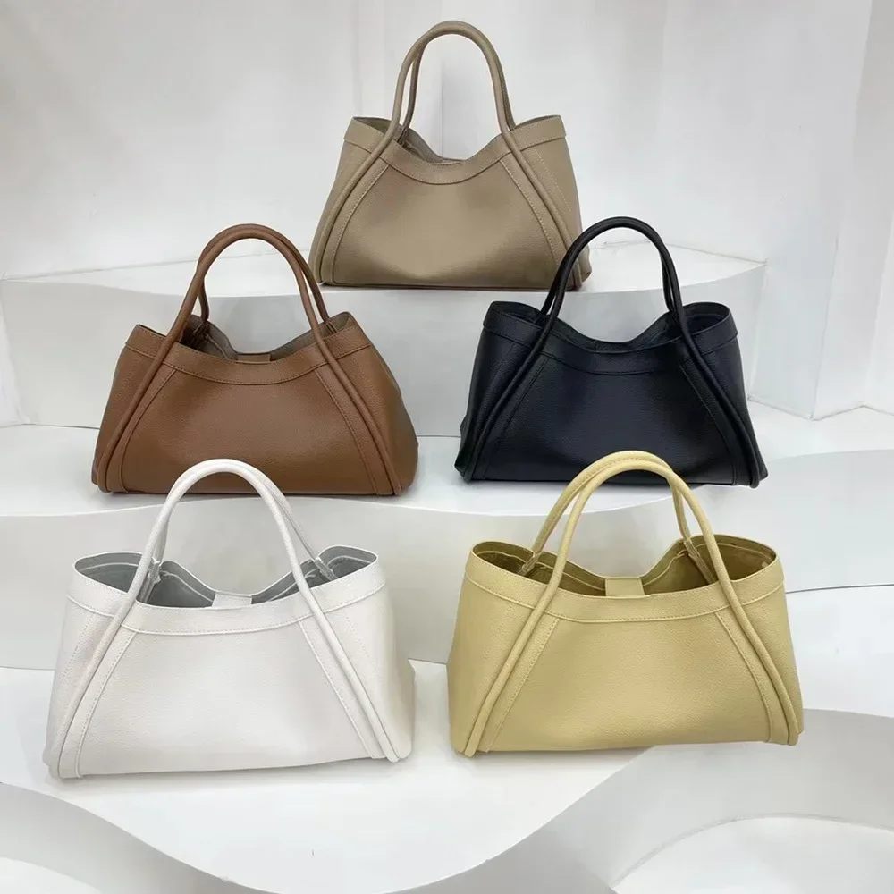Simple Solid Soft PU Leather Large Capacity Woman Portable Basket Travel Tote Wide Shoulder Strap Crossbody Bags Matching Purse