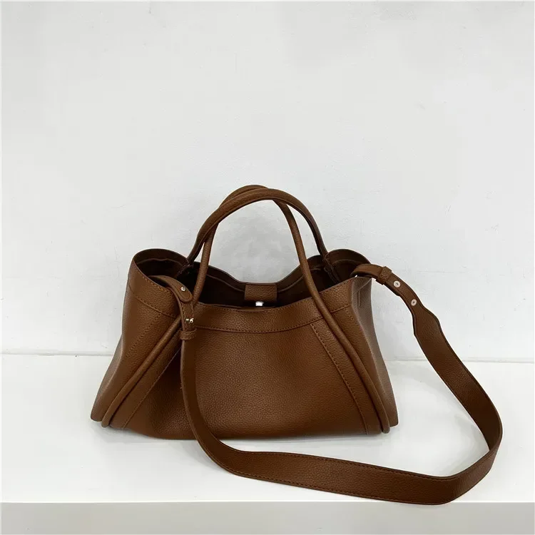 Simple Solid Soft PU Leather Large Capacity Woman Portable Basket Travel Tote Wide Shoulder Strap Crossbody Bags Matching Purse