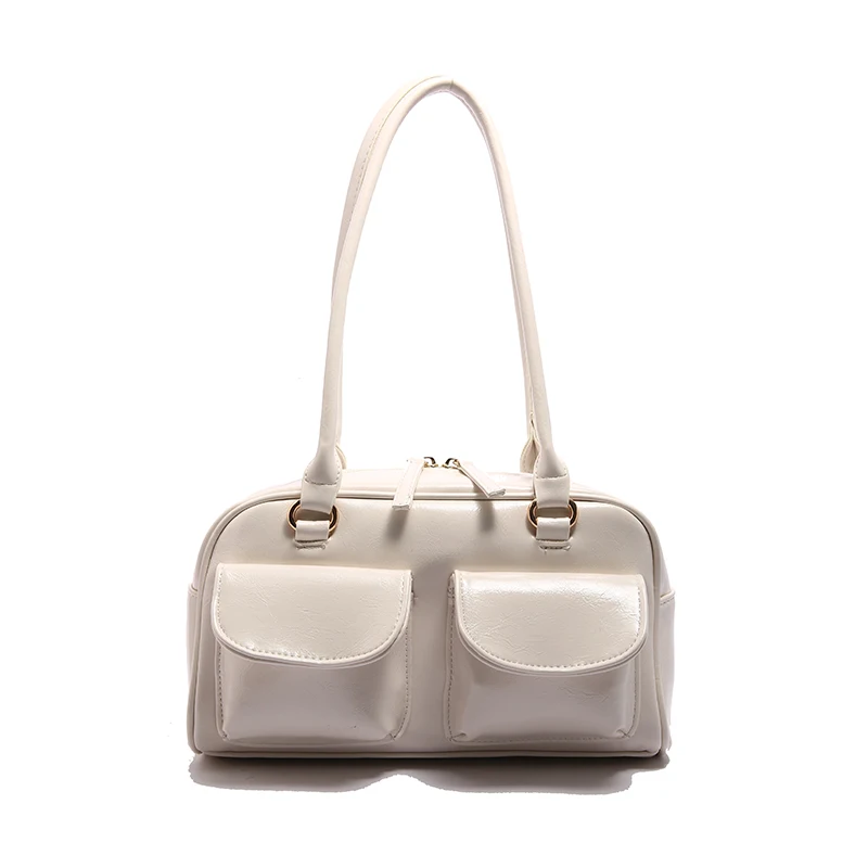 Vintage Women Business Shoulder Bags Simple Ladies Commute Tote Bag Pu Leather 2 Pocket Chic Female Underarm Hand Bag Handbags