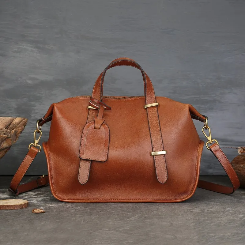 Johnature Vintage Solid Color Genuine Leather Handbag 2025 New Large Capacity Boston Women's Bag Casual Shoulder Bags