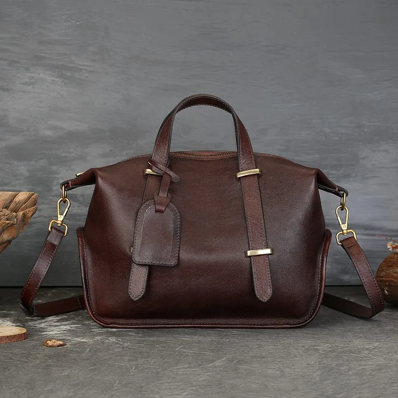 Johnature Vintage Solid Color Genuine Leather Handbag 2025 New Large Capacity Boston Women's Bag Casual Shoulder Bags