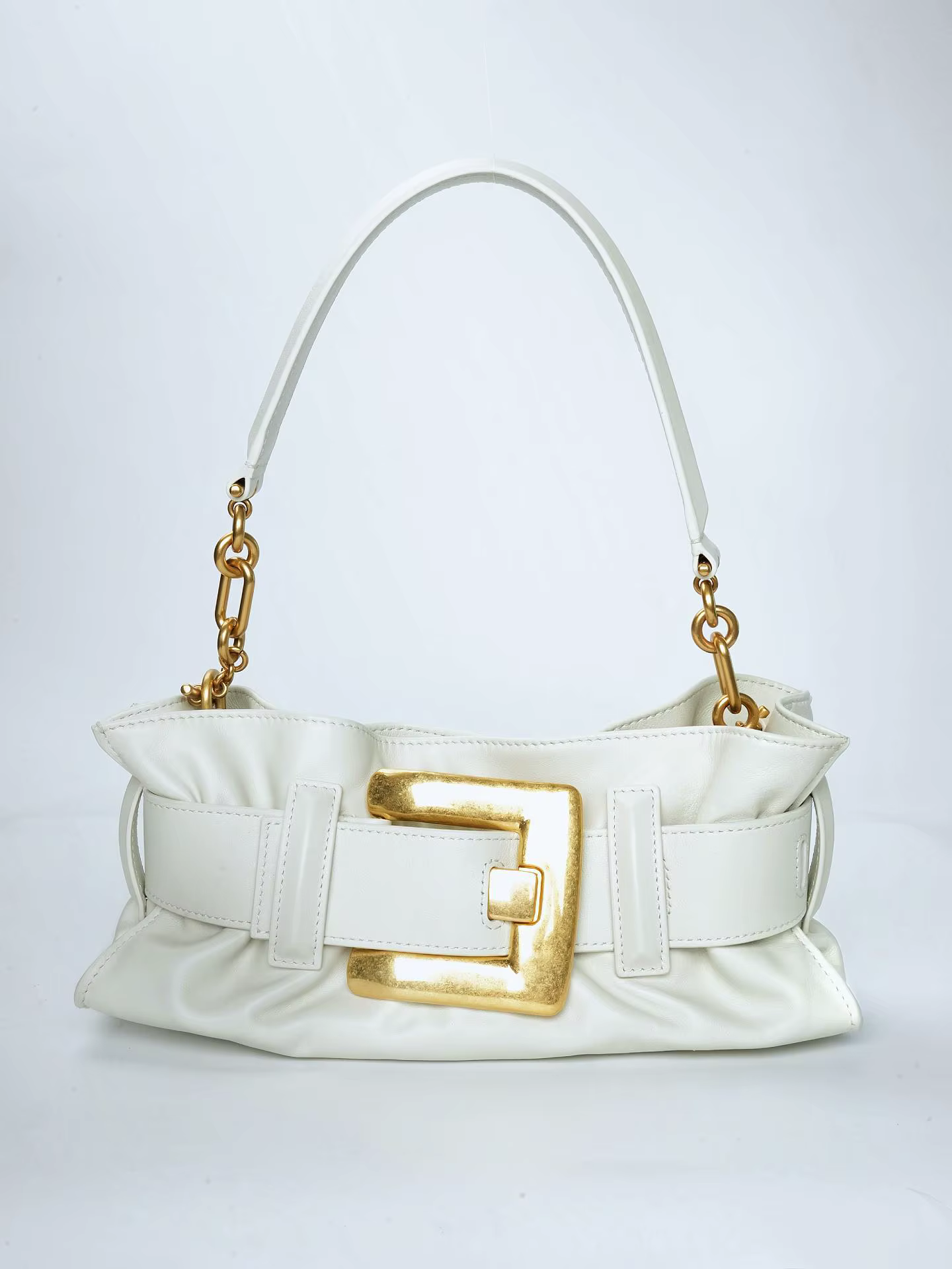 25 Summer Women's Soft Leather Pleated Shoulder Underarm Bag Simple Large Gold Buckle Commuter Leisure Fashion Hangbag