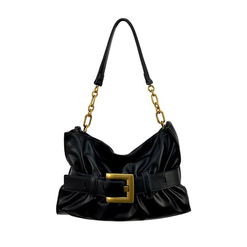 25 Summer Women's Soft Leather Pleated Shoulder Underarm Bag Simple Large Gold Buckle Commuter Leisure Fashion Hangbag