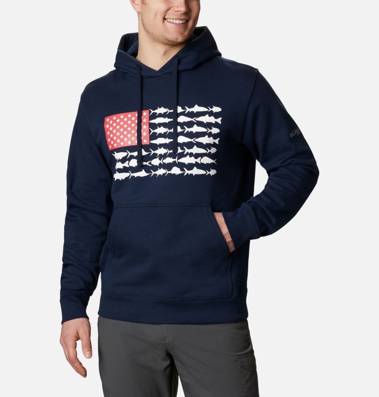 Navy White Men's PFG Fish Flag Hoodies | YPDWBK-034 - Columbia Outlet Store
