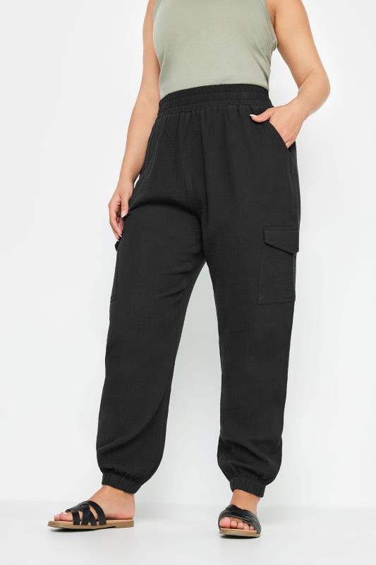 Yours YOURS Curve Sage Black Cheesecloth Cuffed Joggers