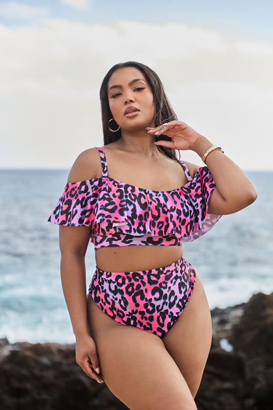 Yours YOURS Curve Pink Leopard Print Bardot Frill Bikini Top