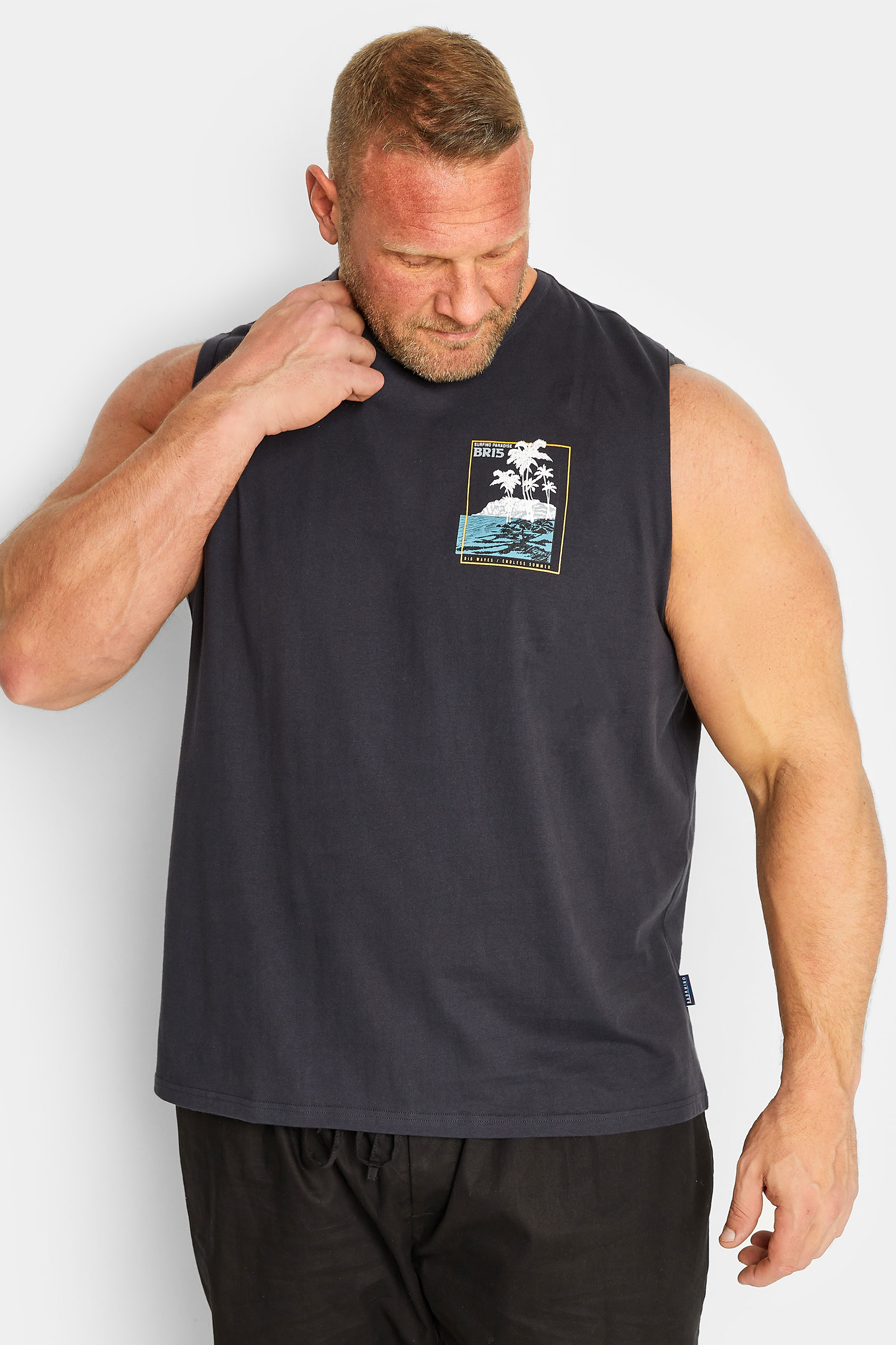 BadRhino BadRhino Big & Tall Charcoal Grey Beach Print Vest Top