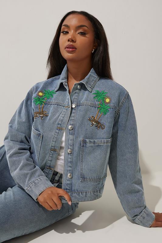 Limited Collection LIMITED COLLECTION Curve Blue Denim Palm Tree Embroidered Jeans