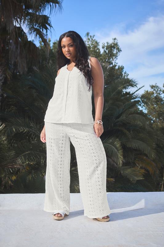 Yours YOURS Curve White Broderie Anglaise Wide Leg Trousers