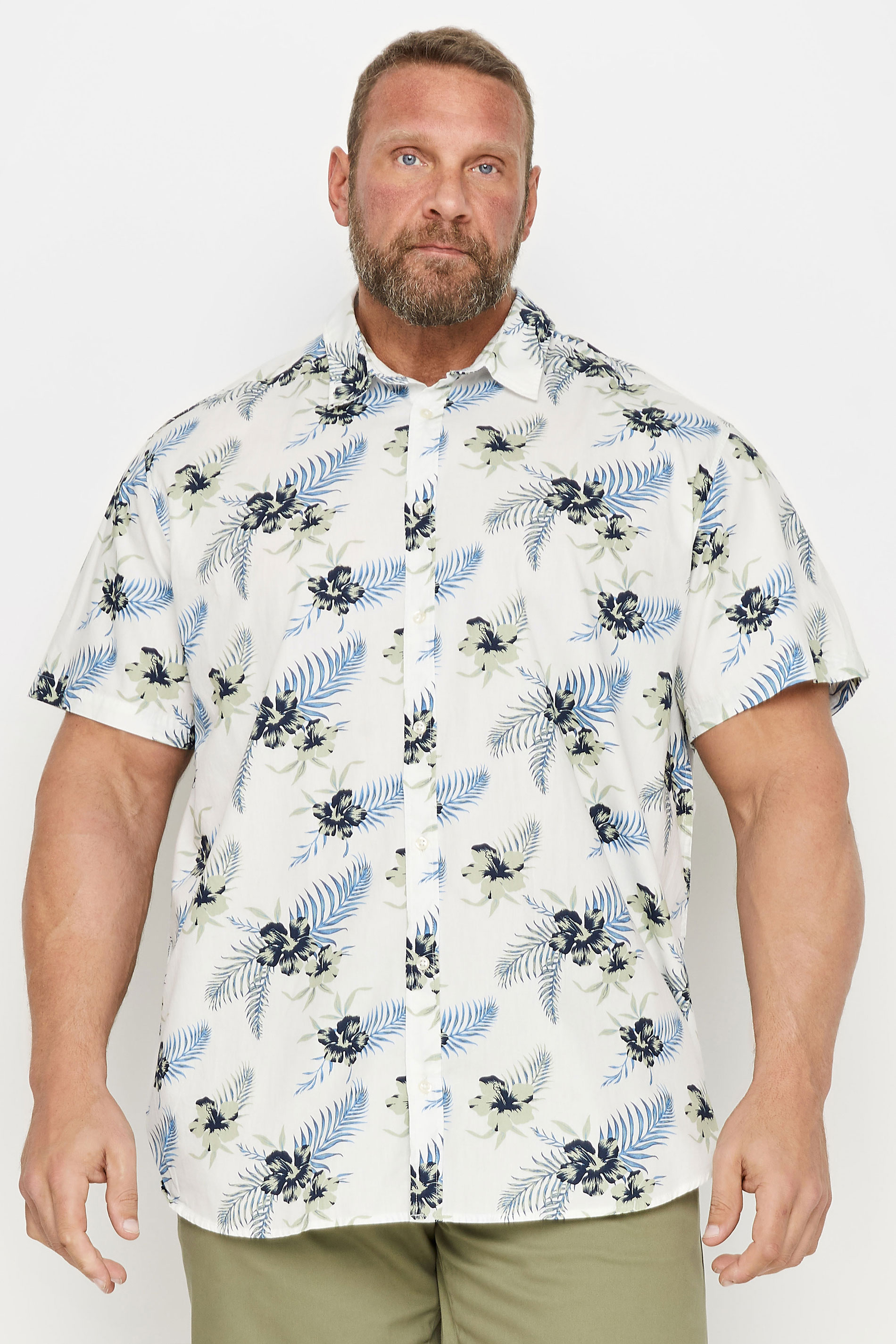 Jack & Jones JACK & JONES Big & Tall White Tropical Print Short Sleeve Cotton Shirt