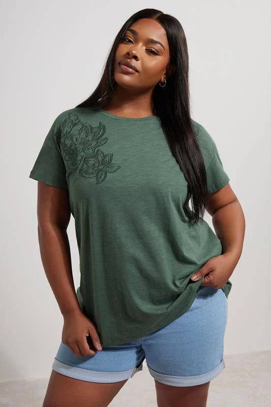 Yours YOURS Curve Khaki Green Floral Embroidered Stud Detail T-Shirt