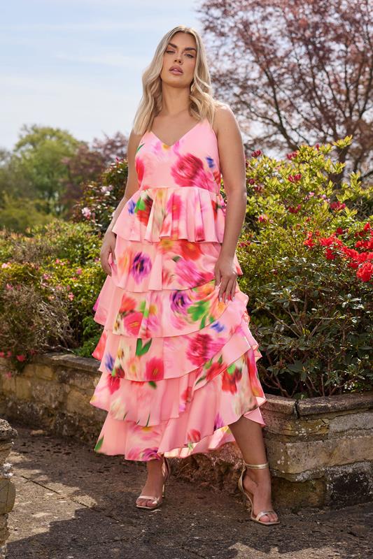 Yours YOURS Curve Pink Floral Print Ruffle Maxi Dress
