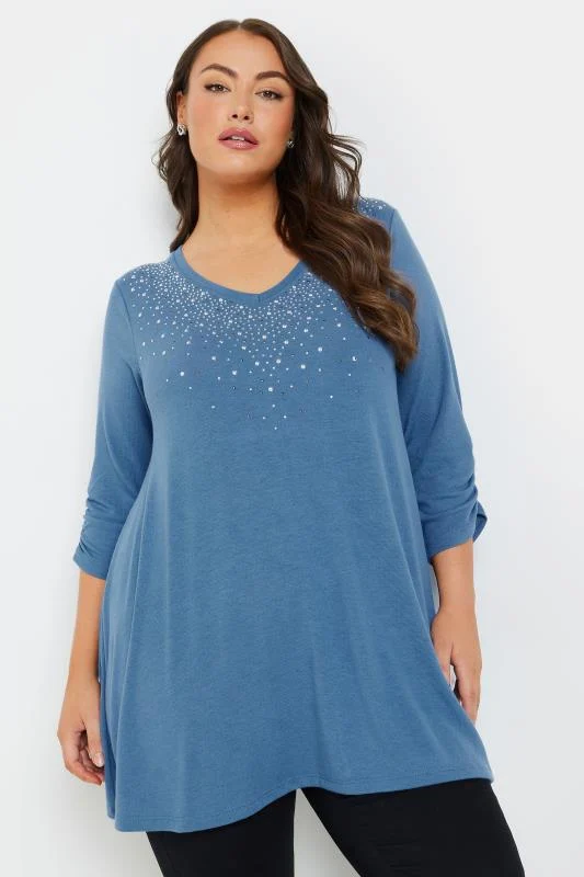 Yours YOURS Curve Blue Diamante Embellished Swing Top